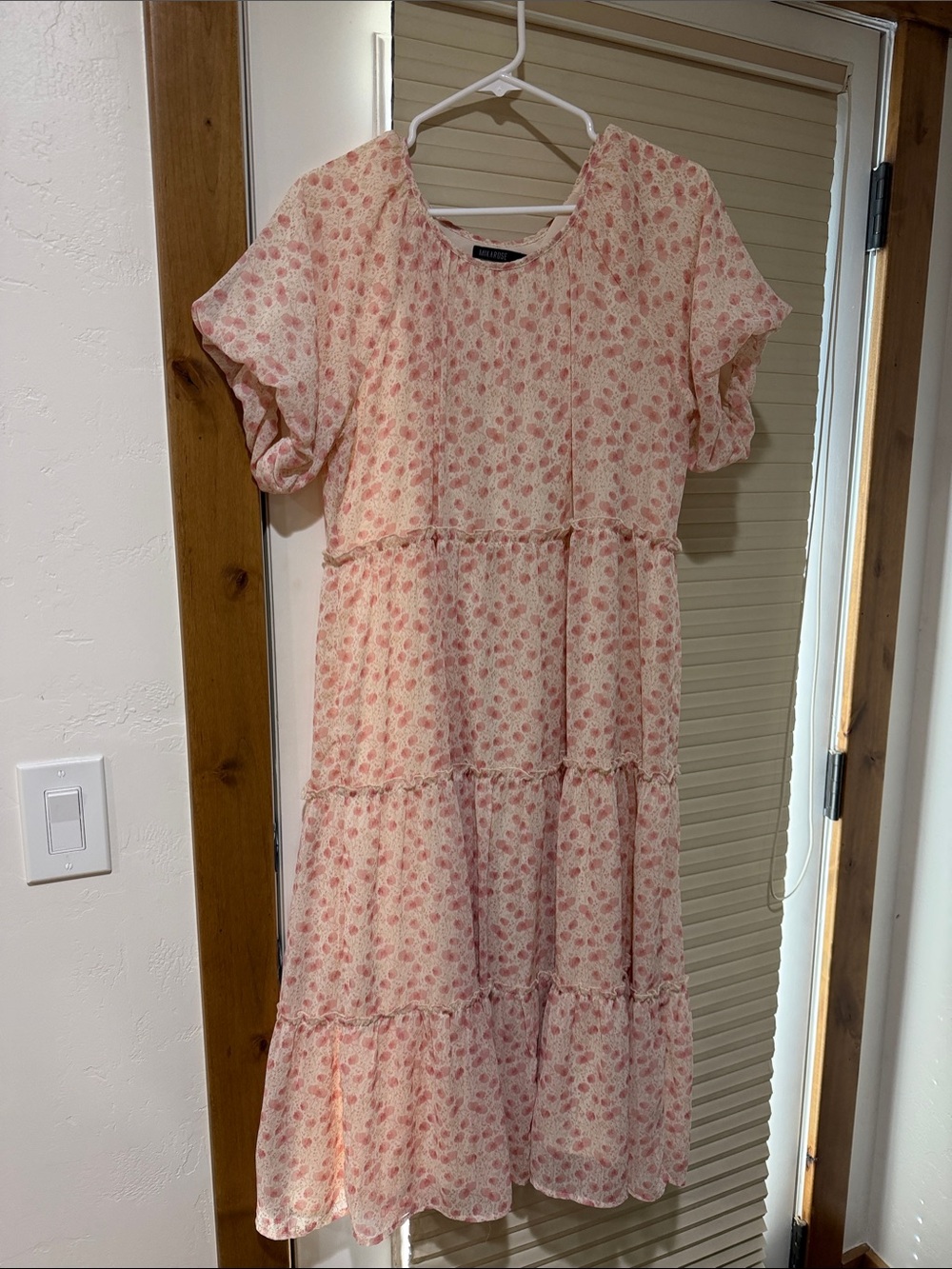 Mikarose Cream Dress with Pink Floral Print and Ruffle Trim